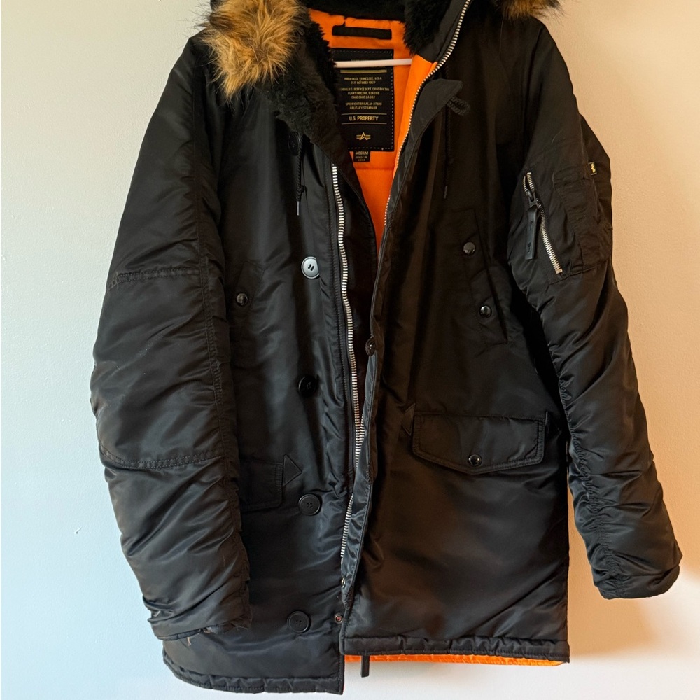 Alpha Industries Black Puffer Jacket with Fur Trim
